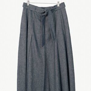 Max Mara Studio Blue Linen & Cotton Denim Belted Pleated Midi Skirt